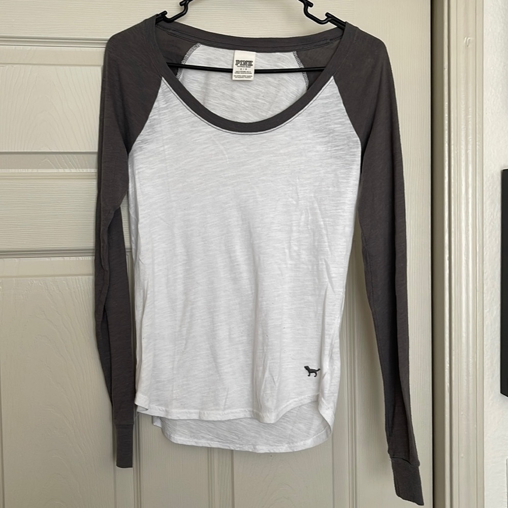 PINK Victoria's Secret White and Dark Gray Long Sleeve Top